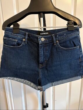 Express Dark Blue Midi High Rise Denim Shorts
